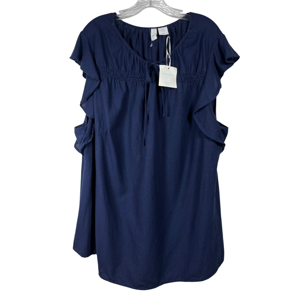 NWT Cynthia Rowley Sz 3X Top Ruffle Navy Blue Linen Blend Blouse Tie Neck Boho